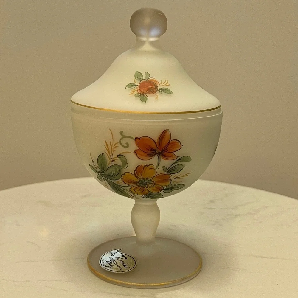 Vtg Italian Frosted Satin Glass Candy Dish‎ Rossini Hand Painted Pedestal Lidded